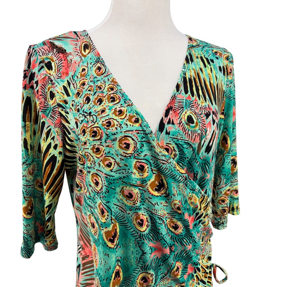 Emma & Michele Wrap Dress Women Large Teal Peacock Feather Print Ruched Art Deco - Picture 2 of 11